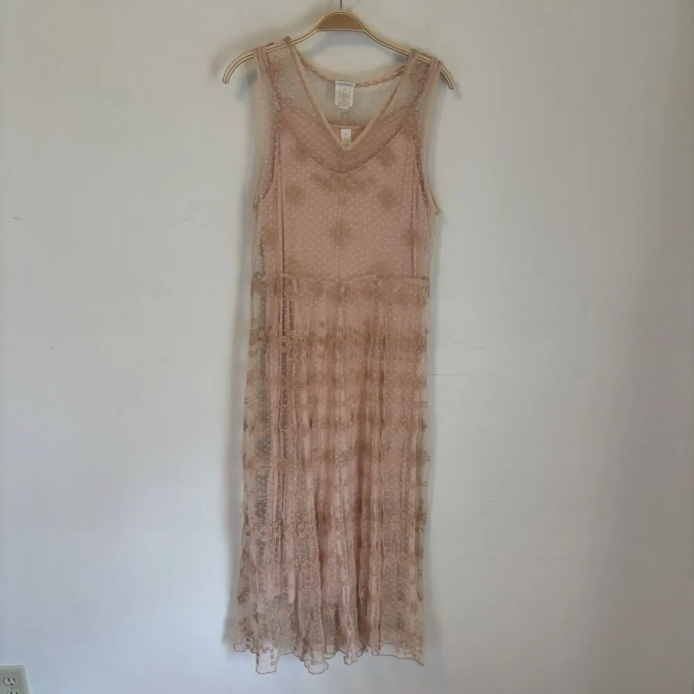 Sundance Midi Dress Pink Blush Lace Fairy Embroidered S Boho Gauzy Girly - Picture 1 of 9